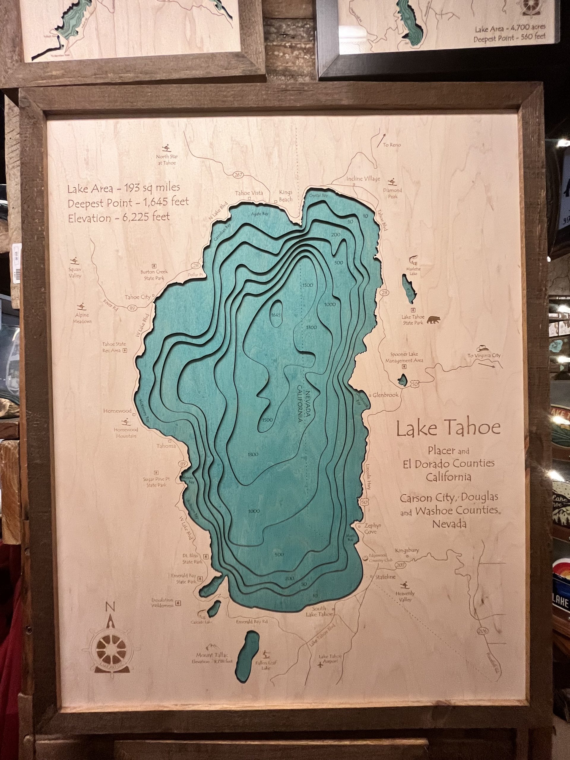 Lake Tahoe Nautical Wood Map in laser-cut 3D