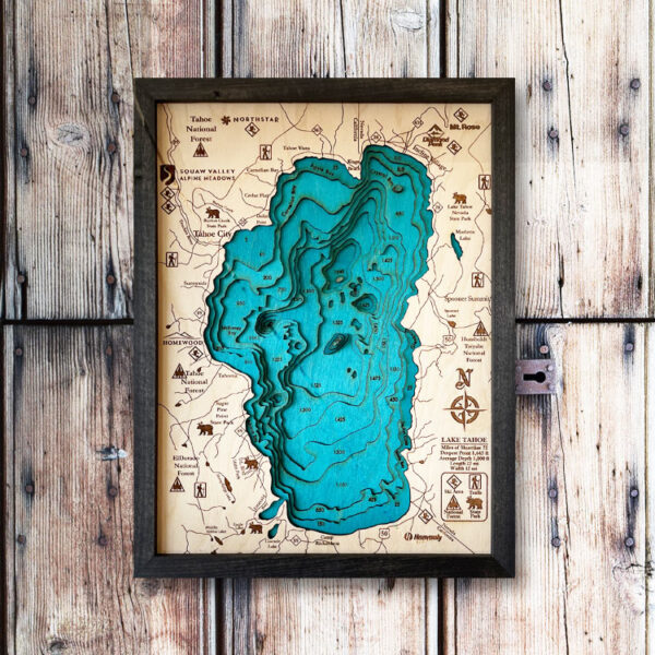 Lake Tahoe 3D Map Art, 13x17 Nautical Wood Map