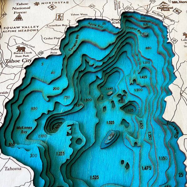 Lake Tahoe 3D Map Art, 13x17 Nautical Wood Map