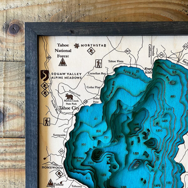 Lake Tahoe 3D Map Art, 13x17 Nautical Wood Map