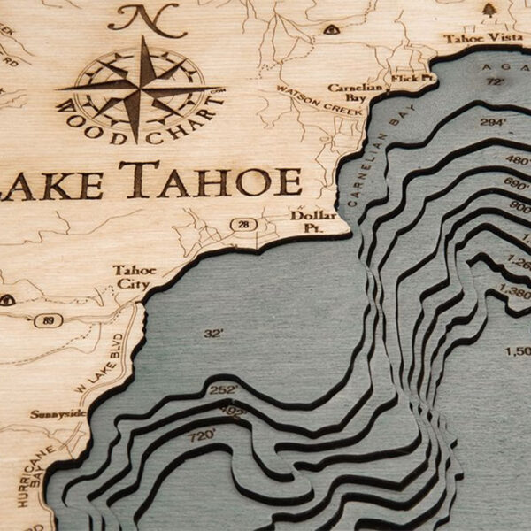 Lake Tahoe Lake Map, Wooden Map of Lake Tahoe in 3D