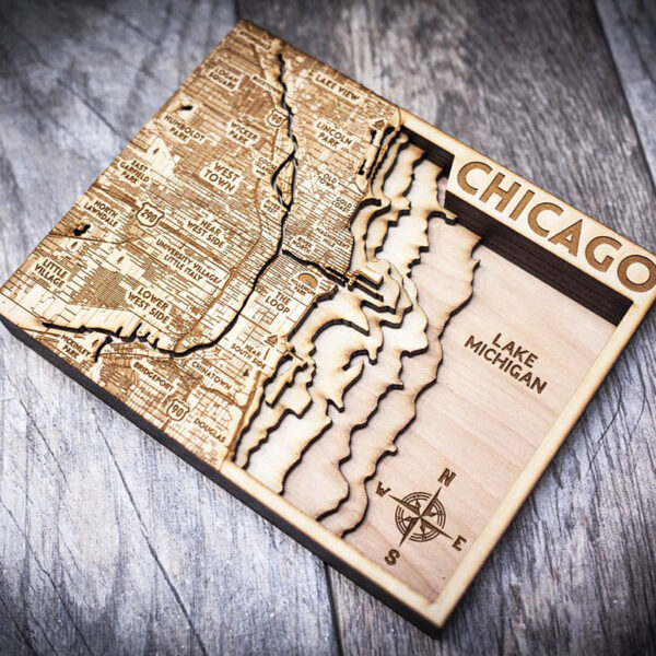 Wooden map of Lake Michigan featuring Chicago