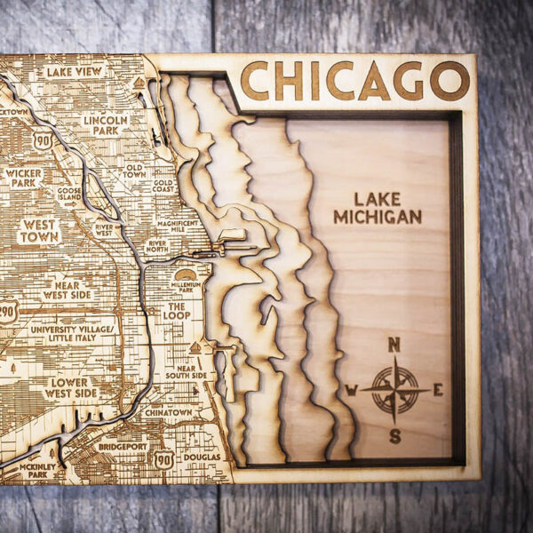 Chicago Wood Map, Topo Map Lake Michigan