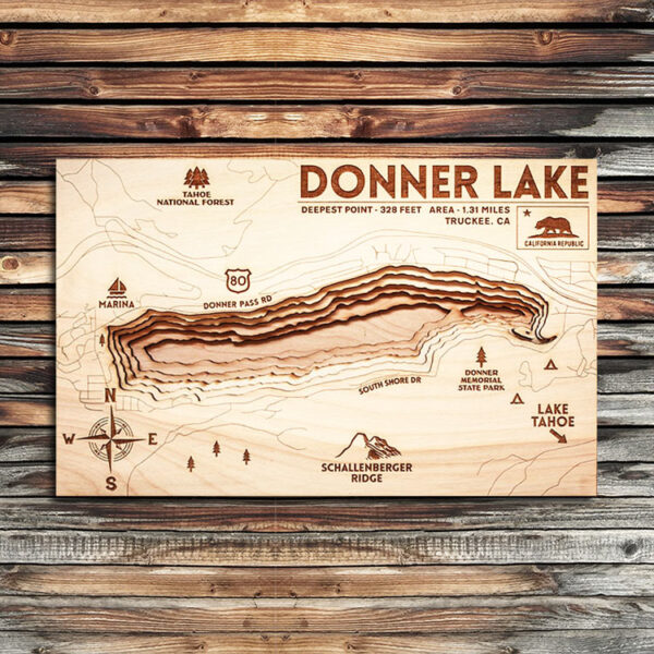 Donner Lake 3D Wooden Map, Nautical Decor