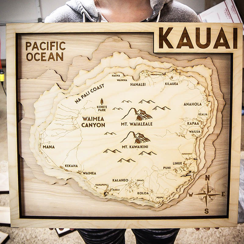 KAUI wood map, 3d laser cut map