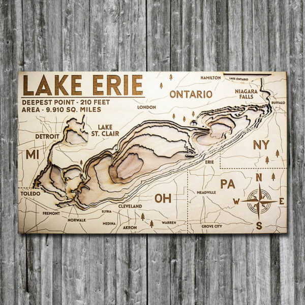 Wooden map of Lake Erie, 3D Chart in wood