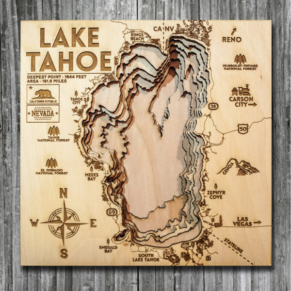 Lake Tahoe wooden map, 3D Topo Chart