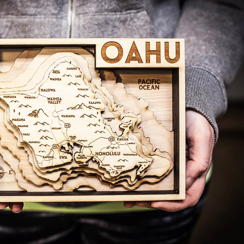 Oahu Hawaii 3d wood map