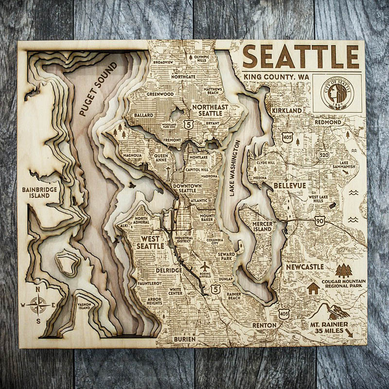 Seattle 3d laser cut map, puget sound