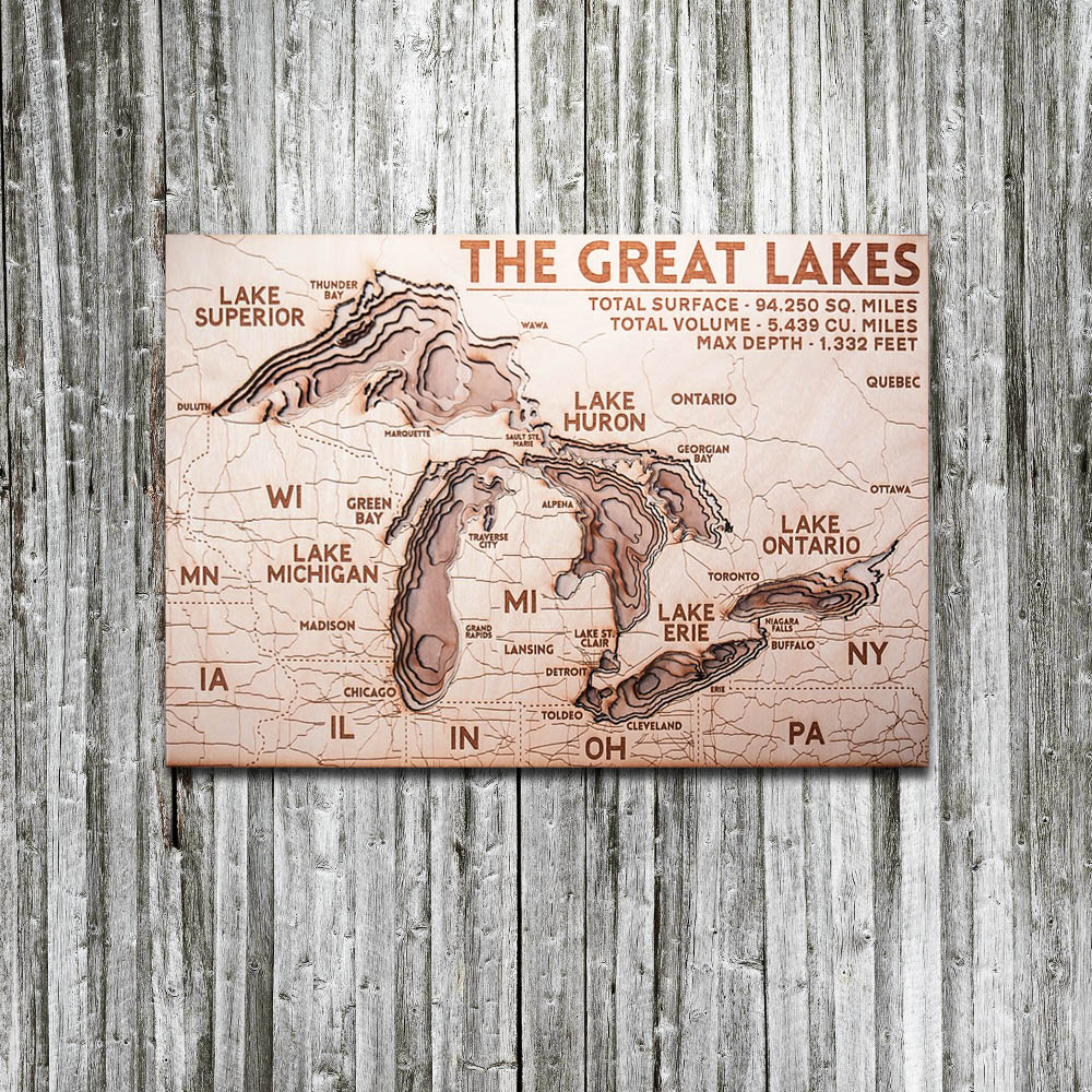 Great Lakes 3D Wood Map, Unique Gifts for Fisherman