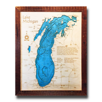 wood map of lake michigan in 3d laser etched