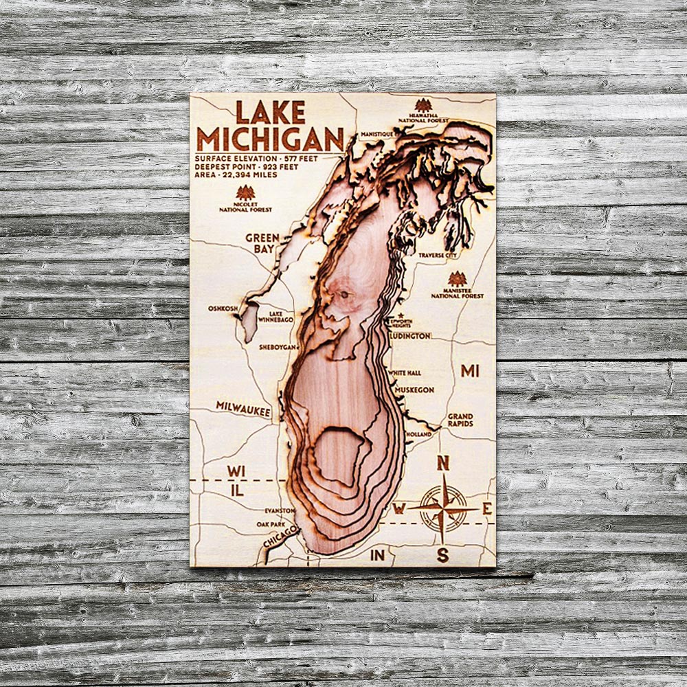 Lake Michigan 3D Wood Map, Cabin Decor