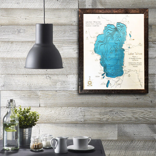 Lake Tahoe laser printed map 3d wooden framed topographic home decor