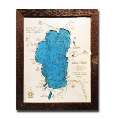 Lake Tahoe wood map, laser-etched, engraved