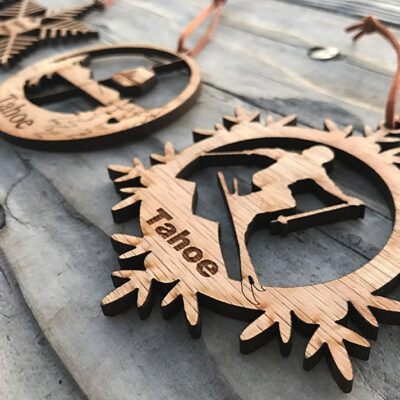 Lake Tahoe ornament, wood, laser-cut skiing ornament