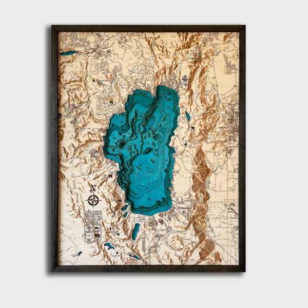 Lake Tahoe Topographic Map, 3D Nautical Wood Wall Art, Towns, Ski Resorts, Nearby Lakes