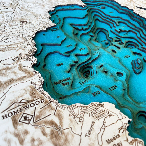 Lake Tahoe Topographic Map, 3D Nautical Wood Wall Art, Towns, Ski Resorts, Nearby Lakes