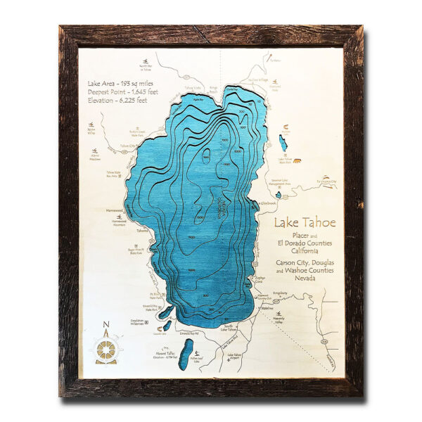 wood map of lake tahoe 3d, Framed, Laser-etched, Birch Wood