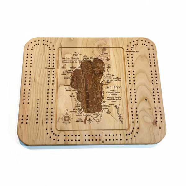 Laser-etched wood cribbage board of Lake Tahoe