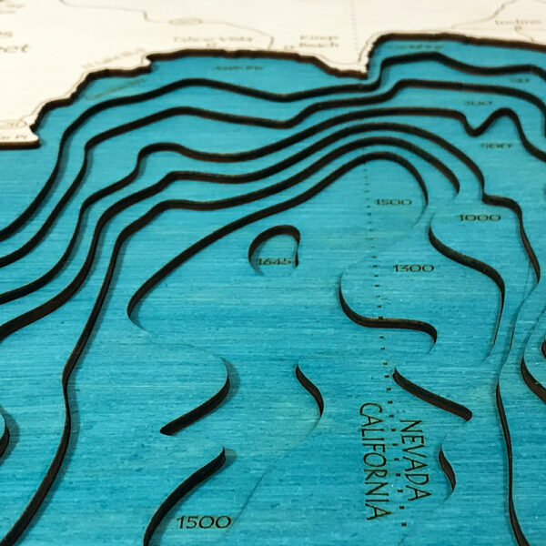 Detailed view of a Lake Tahoe 3D wooden map