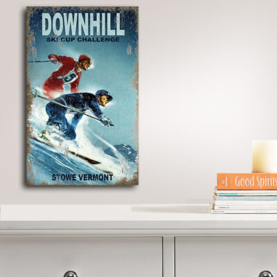 Downhill Skiing Vintage Sign Cabin Art