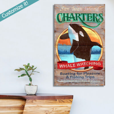 Personalized Whale Watching Poster, Wooden Vintage Sign with Whale Jumping