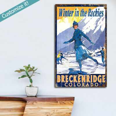 Personalized Ice Skating Wooden Sign, Skating in Breckenridge Wall Art Poster on Wood