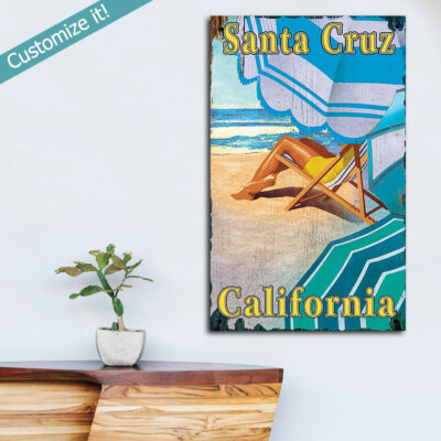 Personalized Santa Cruz Beach Wood Sign, Beach House Decor - Beach Umbrella