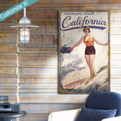 Personalized Vintage Surfing Sign, Huntington Beach California, Surfing Wall Art