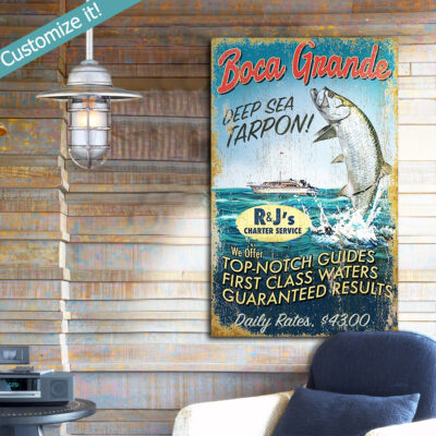 Tarpon Fishing Sign, Personalized Custom Deep Sea Fishing Art, Boca Grande Gasparilla Island