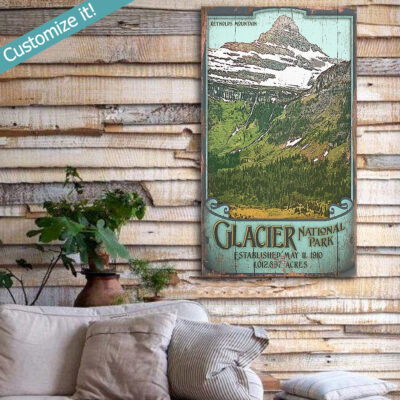 Personalized Glacier National Park Poster printed on wood, Reynolds Mountain, National Park Wall Art