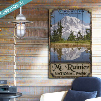 Mt Ranier Poster printed on wood, personalized national park wall art, cabin lake house decor