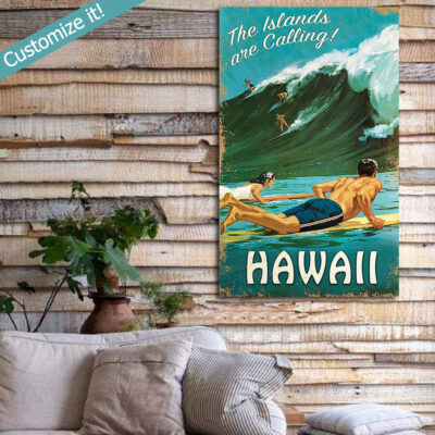 Hawaiian Islands Surfing Sign, Personalized Vintage Surfing Art