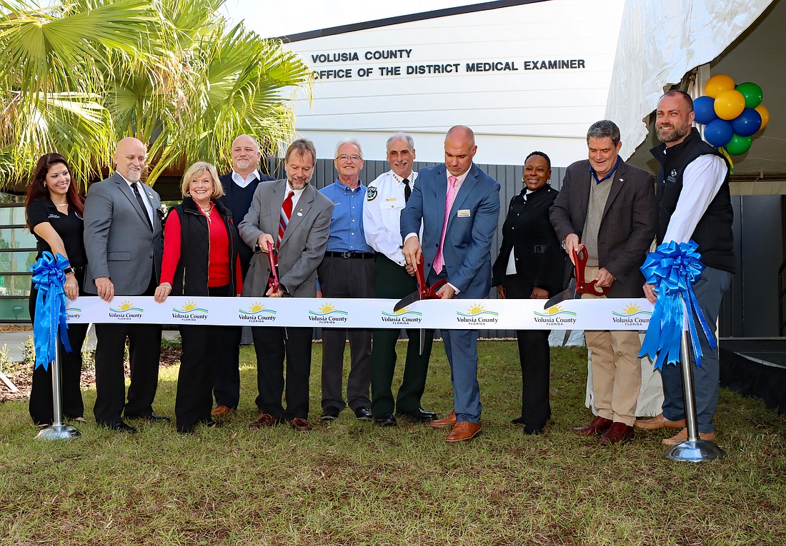 Karla Orozco, Volusia County Medical Examiner operations manager; Matt Reinhart, Volusia County Councilman; Billie Wheeler, former Volusia County Councilwoman; George Recktenwald, Volusia County manager; Jeff Brower, Volusia County Council chair; Volusia County Sheriff Michael Chitwood; Dr. James Fulcher, chief medical examiner; Barbara Girtman, former Volusia County Councilwoman; Tim Smith, president and CEO of Wharton-Smith; and Chris Lewis, Wharton-Smith project manager. Courtesy photo
