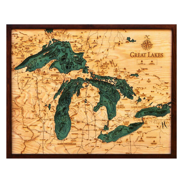 Wood map of the Great Lakes in 3D, Nautical Topo Chart