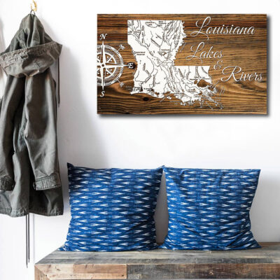 Louisiana Lakes and Rivers Carved Wood Map