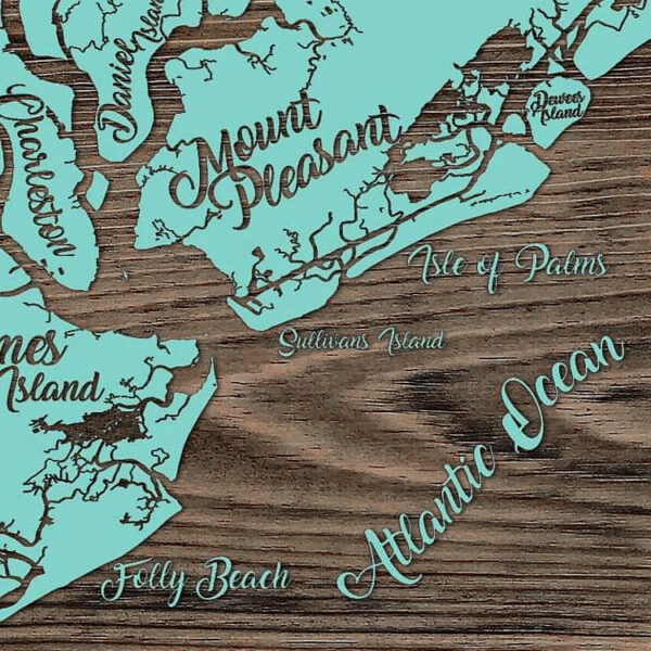 Charleston SC Wood Map, Laser Carved Map of Charleston, Isle of Palms, Folly Beach, South Carolina Coast