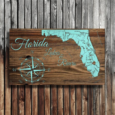 State of Florida Map of Lakes and Rivers, Wooden Map, Nautical Decor, Wall Art, Unique Florida Home Decor