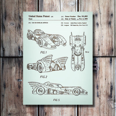 DC Comics Batmobile Patent Carved Wood Sign