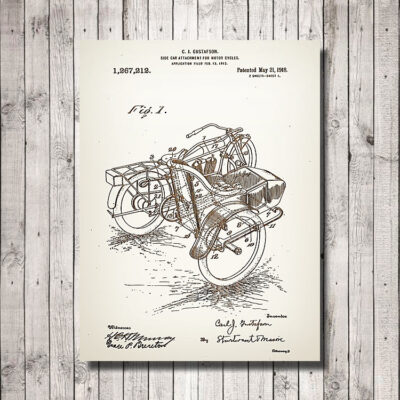 Motorcycle Sidecar Carved Wood Patent Art Sign