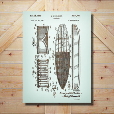 Surfboard Patent Art Carved Wooden Sign