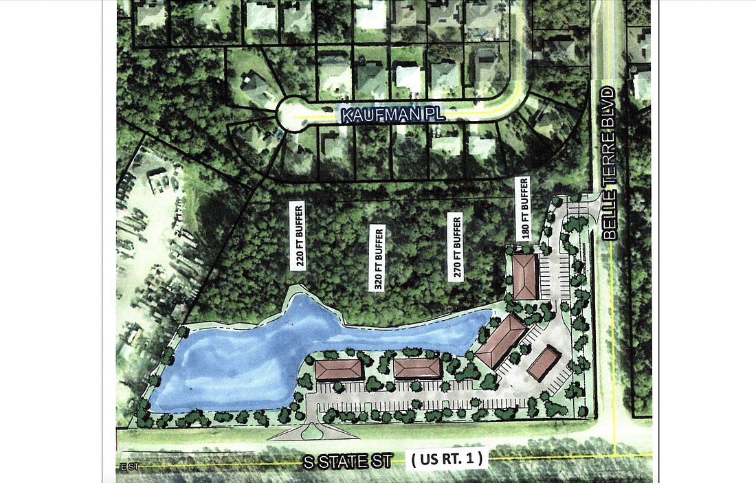 A tentative design for a commercial plaza at Highway U.S. 1 and Belle Terre Boulevard. Image from Palm Coast Planning Board meeting documents